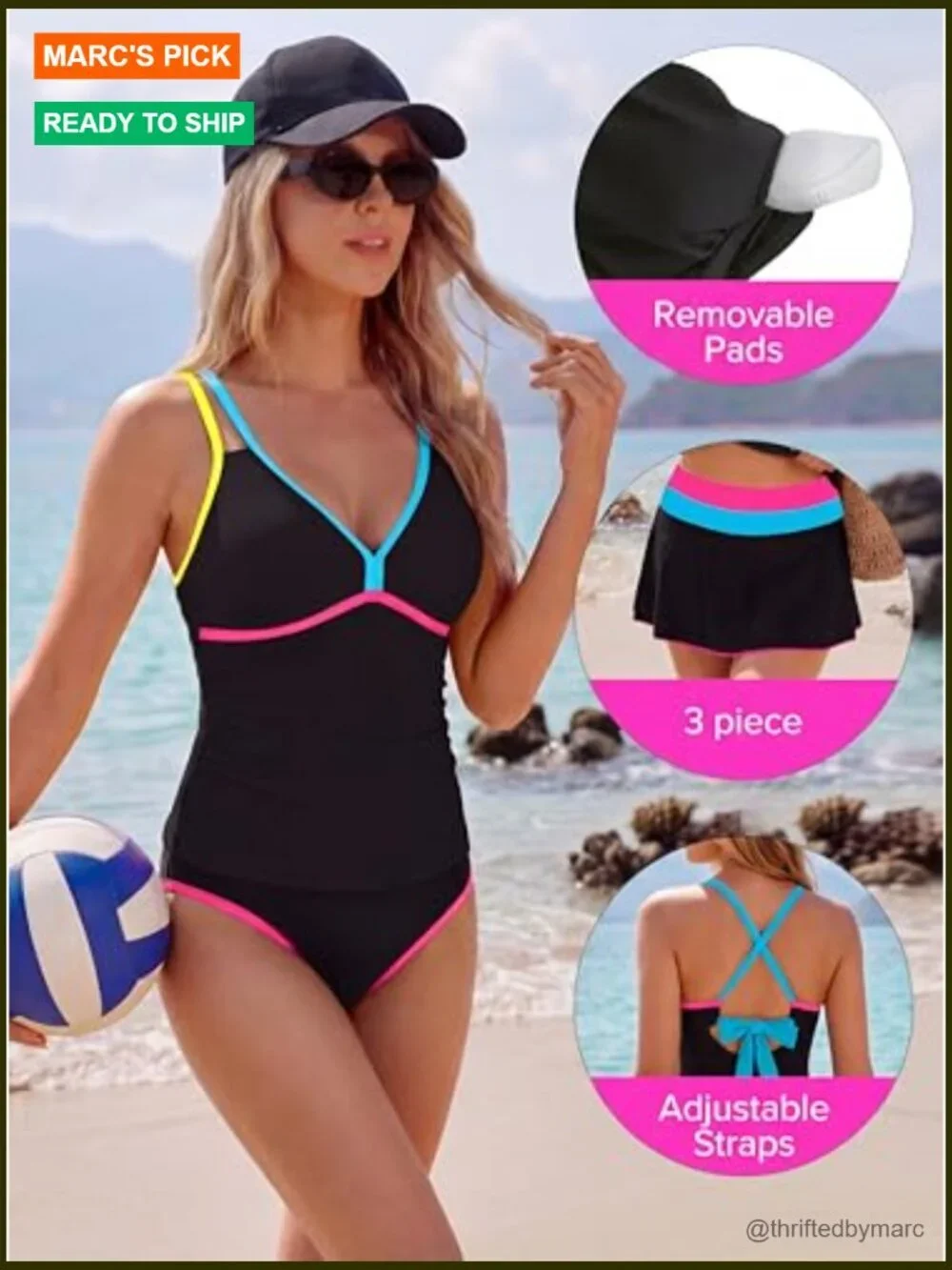 3-Piece Tankini Set V-Neck Tummy Control Bathing Suit Beach Swim Skirt